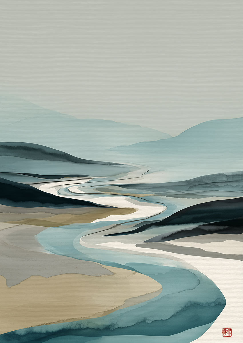 Serene artwork depicting a flowing river through soft hills in muted tones.